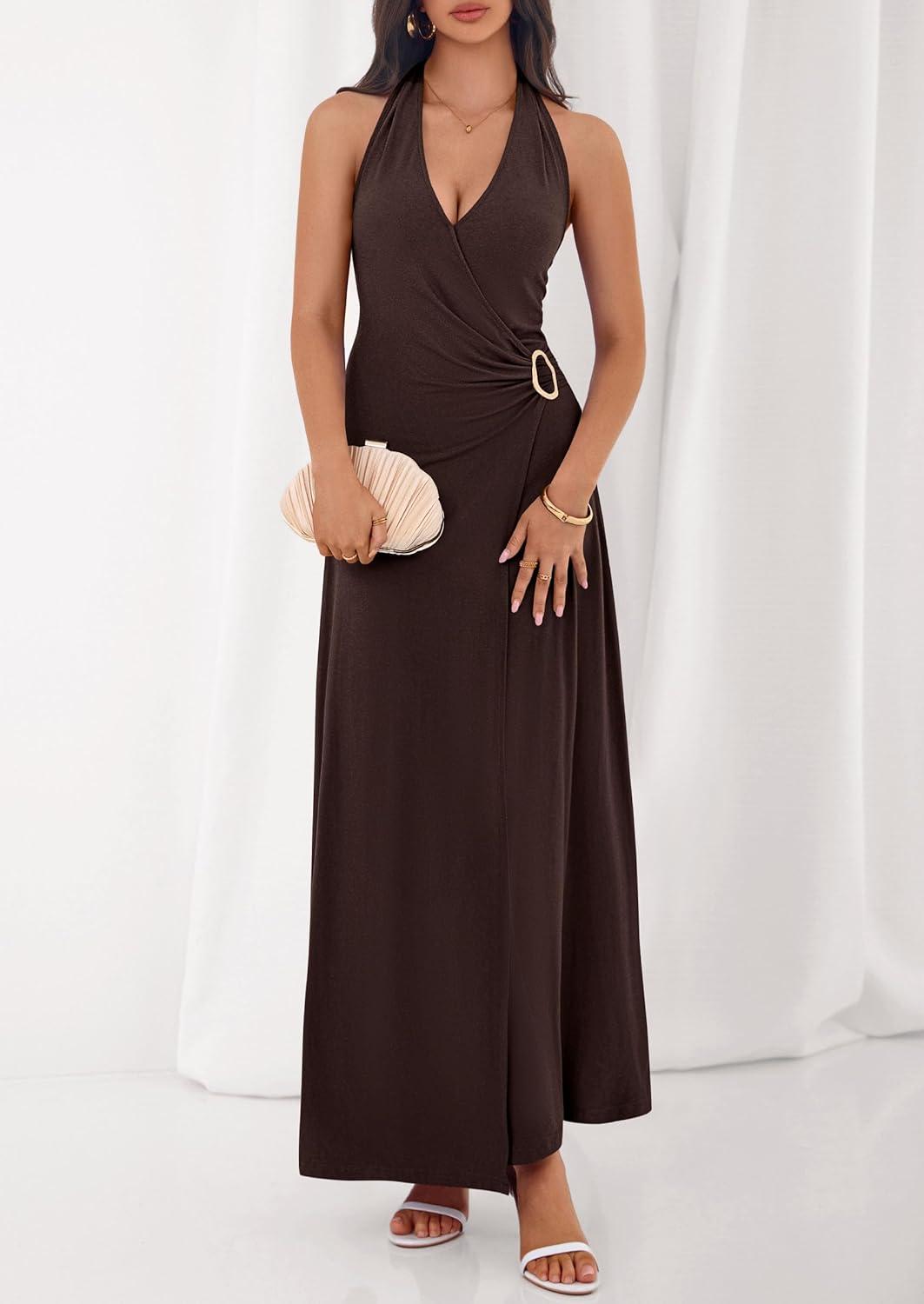 imagePRETTYGARDEN Halter Dresses for Women 2026 Elegant Classy Spring V Neck Tie Backless Summer Wedding Guest Cocktail Midi DressBrown