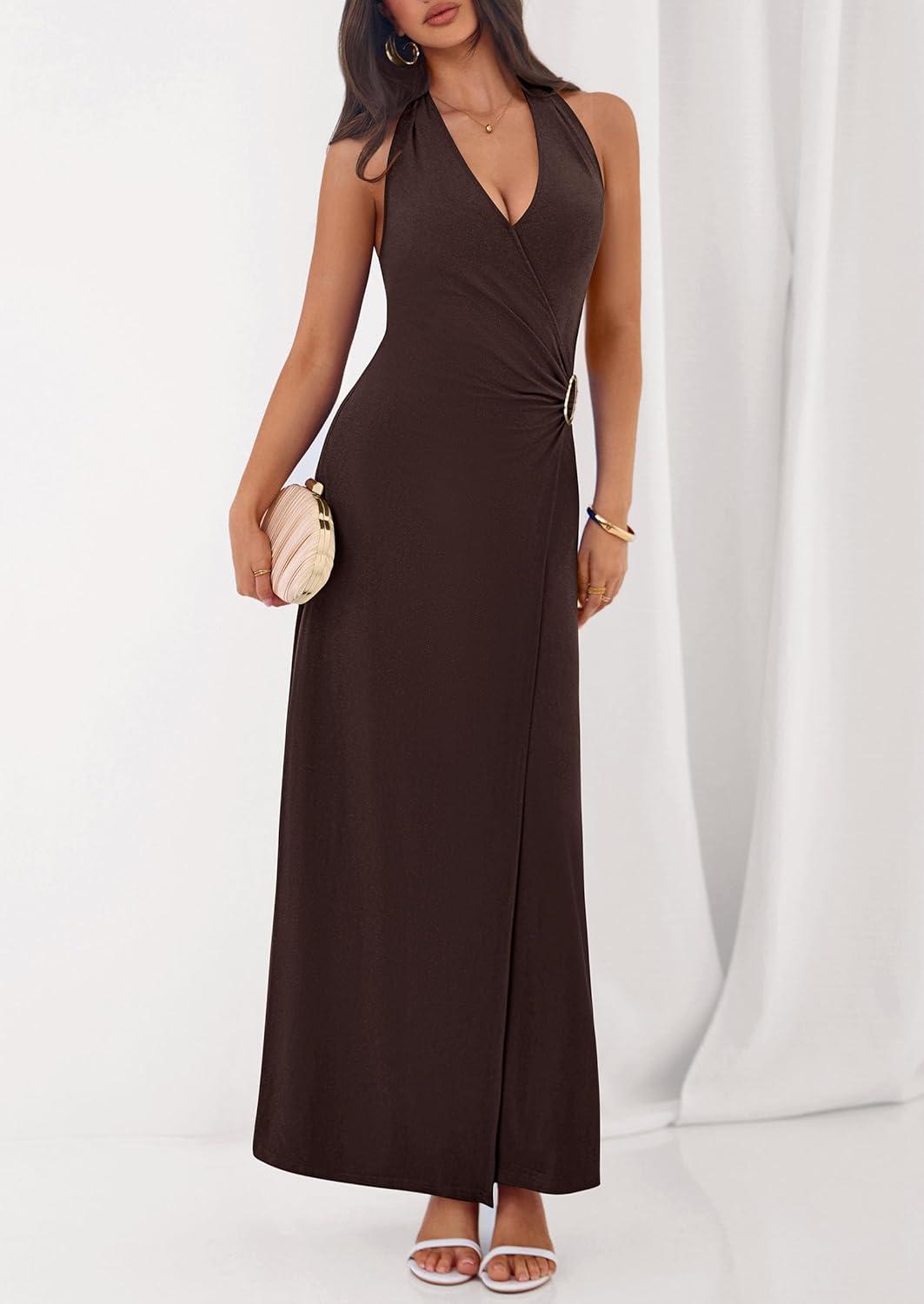 imagePRETTYGARDEN Halter Dresses for Women 2026 Elegant Classy Spring V Neck Tie Backless Summer Wedding Guest Cocktail Midi DressBrown