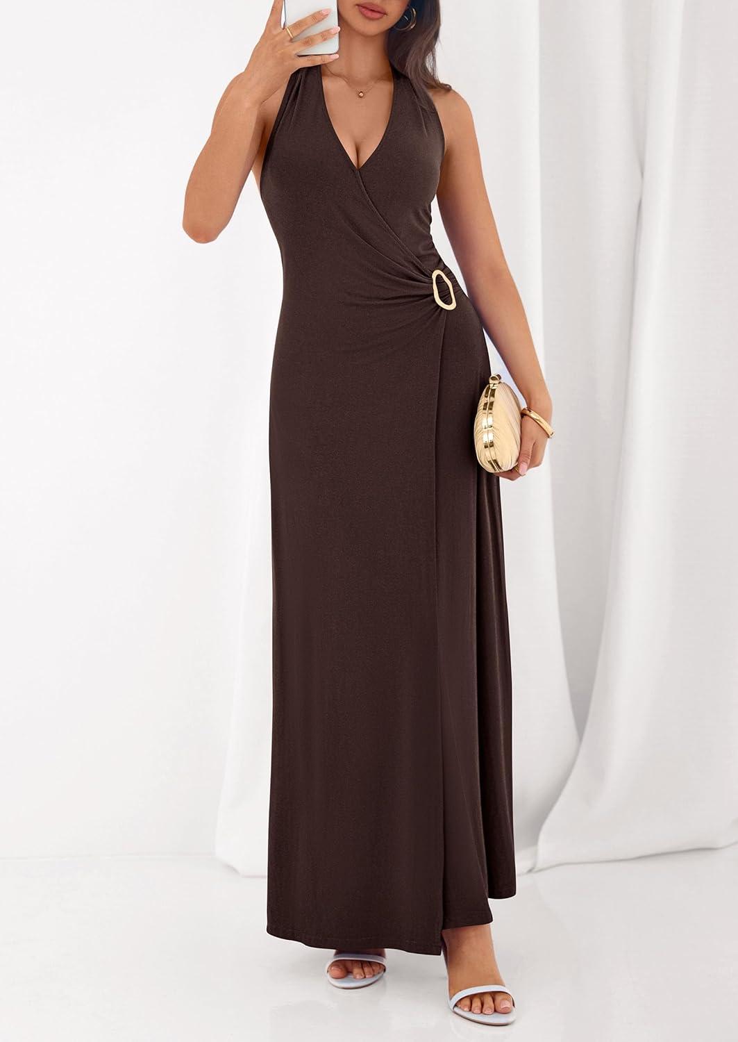 imagePRETTYGARDEN Halter Dresses for Women 2026 Elegant Classy Spring V Neck Tie Backless Summer Wedding Guest Cocktail Midi DressBrown