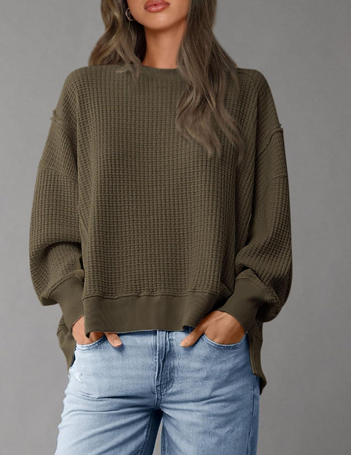 imagePRETTYGARDEN Oversized Sweatshirt for Women 2025 Fashion Crewneck Long Sleeve Pullover Waffle Knit Tops Fall Trendy ClothesArmy Green