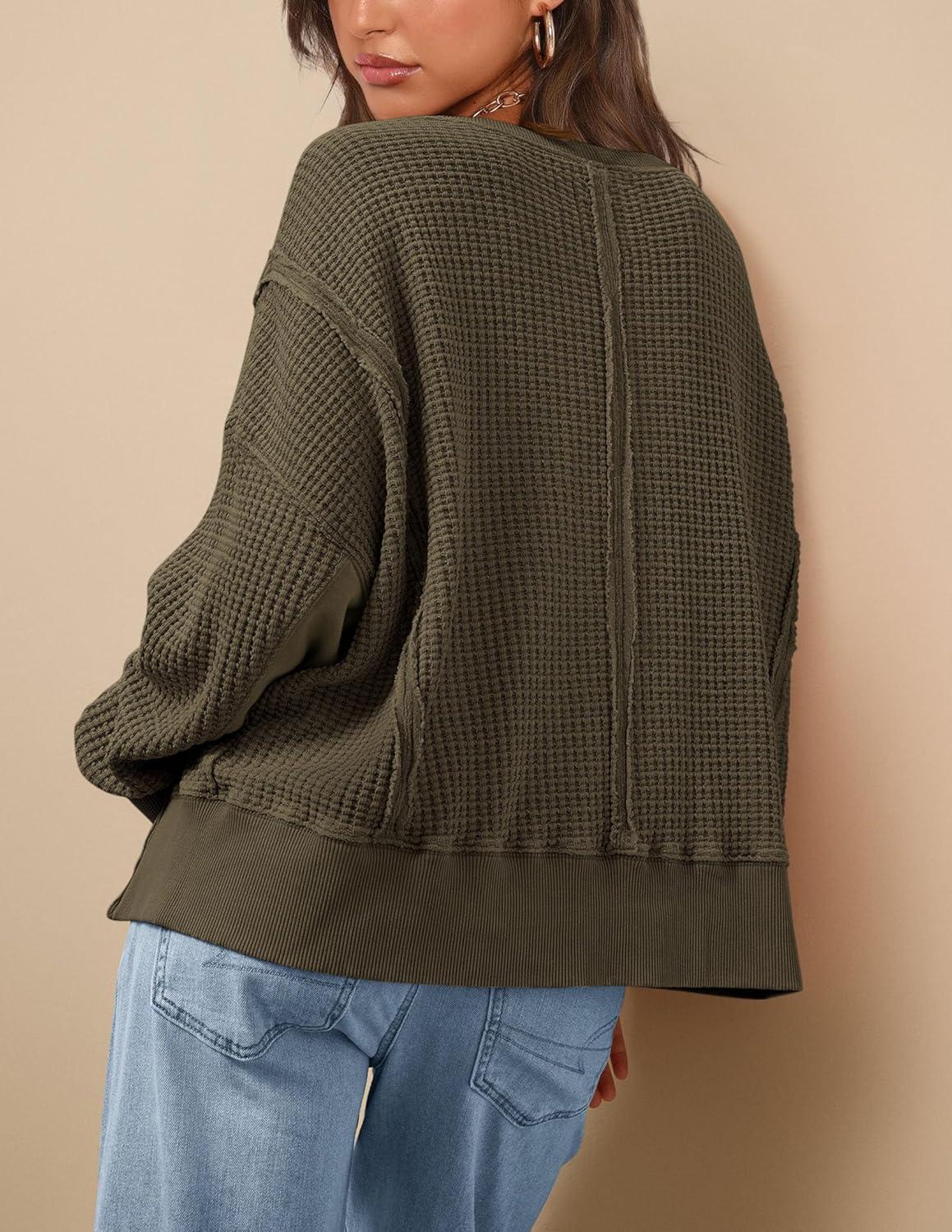 imagePRETTYGARDEN Oversized Sweatshirt for Women 2025 Fashion Crewneck Long Sleeve Pullover Waffle Knit Tops Fall Trendy ClothesArmy Green