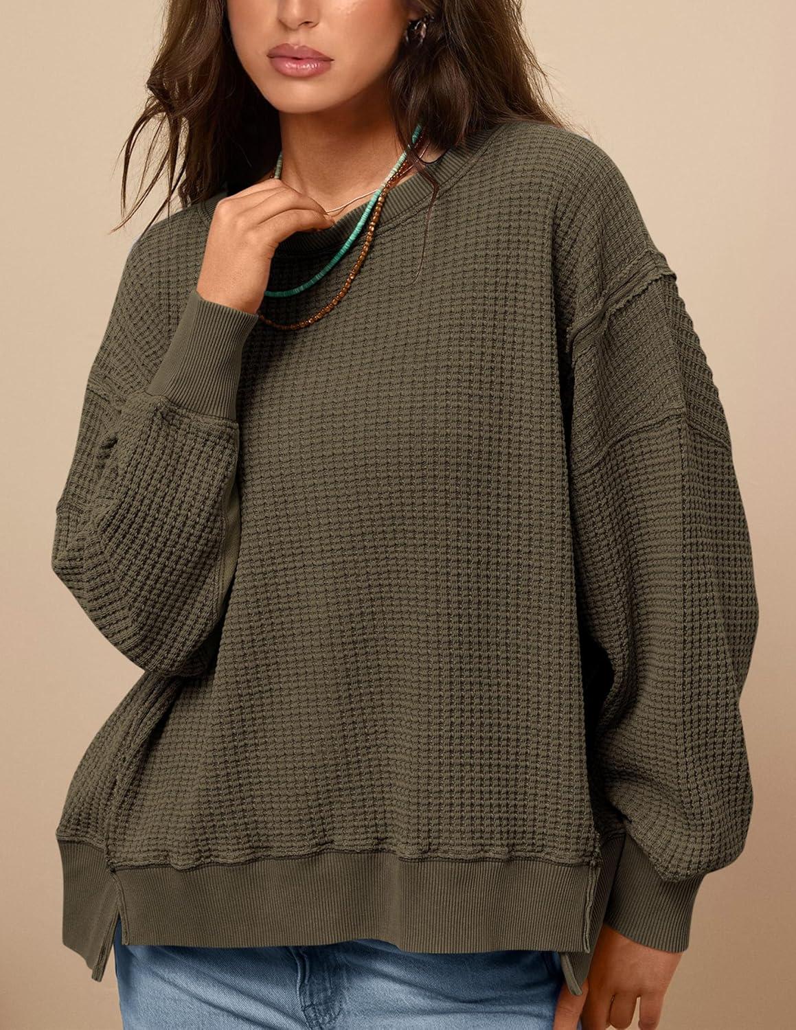imagePRETTYGARDEN Oversized Sweatshirt for Women 2025 Fashion Crewneck Long Sleeve Pullover Waffle Knit Tops Fall Trendy ClothesArmy Green