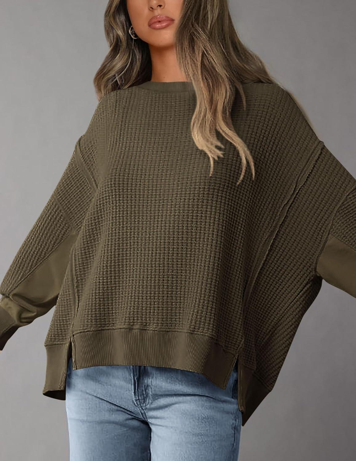 imagePRETTYGARDEN Oversized Sweatshirt for Women 2025 Fashion Crewneck Long Sleeve Pullover Waffle Knit Tops Fall Trendy ClothesArmy Green