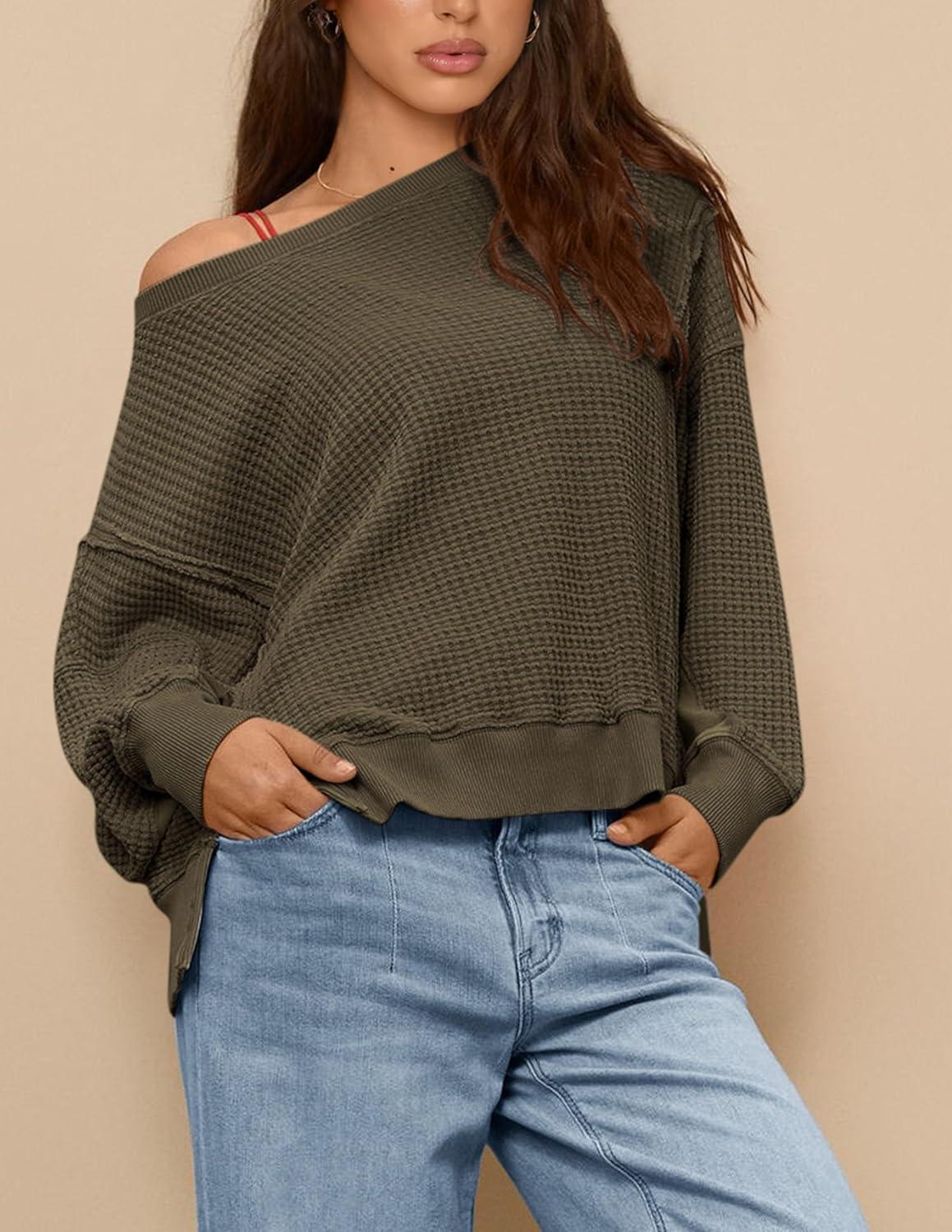 imagePRETTYGARDEN Oversized Sweatshirt for Women 2025 Fashion Crewneck Long Sleeve Pullover Waffle Knit Tops Fall Trendy ClothesArmy Green