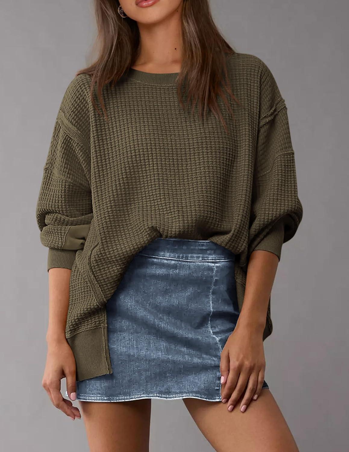 imagePRETTYGARDEN Oversized Sweatshirt for Women 2025 Fashion Crewneck Long Sleeve Pullover Waffle Knit Tops Fall Trendy ClothesArmy Green