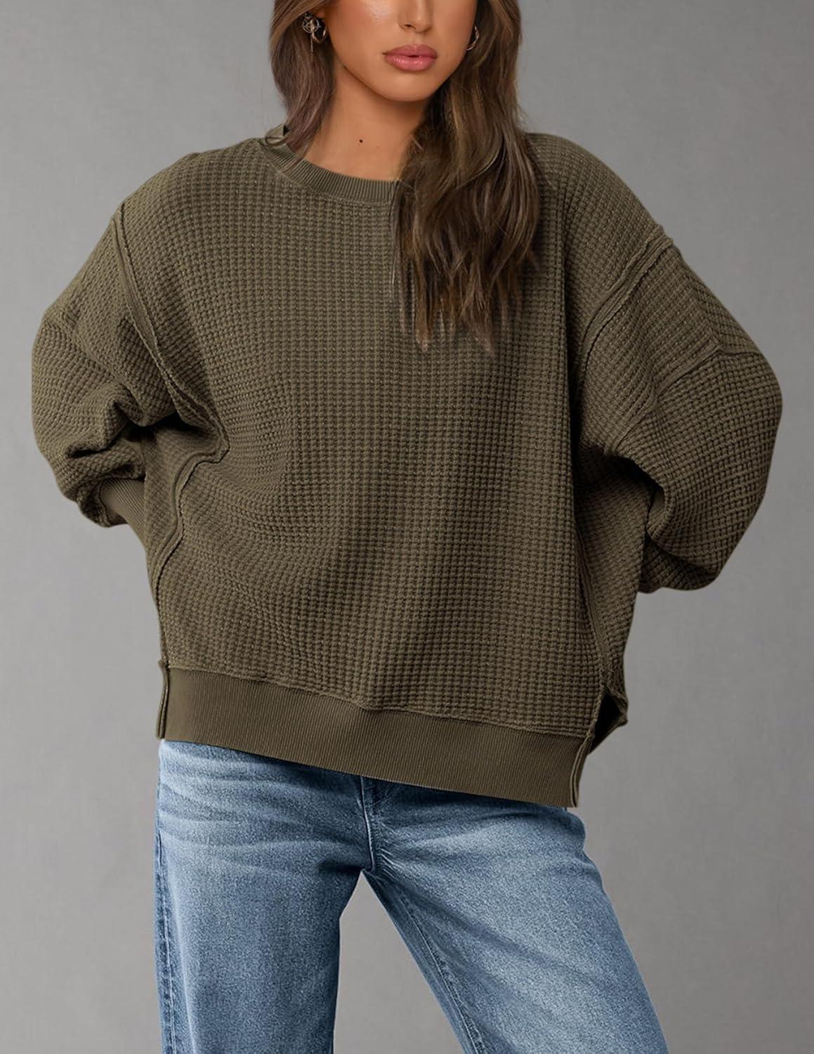 imagePRETTYGARDEN Oversized Sweatshirt for Women 2025 Fashion Crewneck Long Sleeve Pullover Waffle Knit Tops Fall Trendy ClothesArmy Green