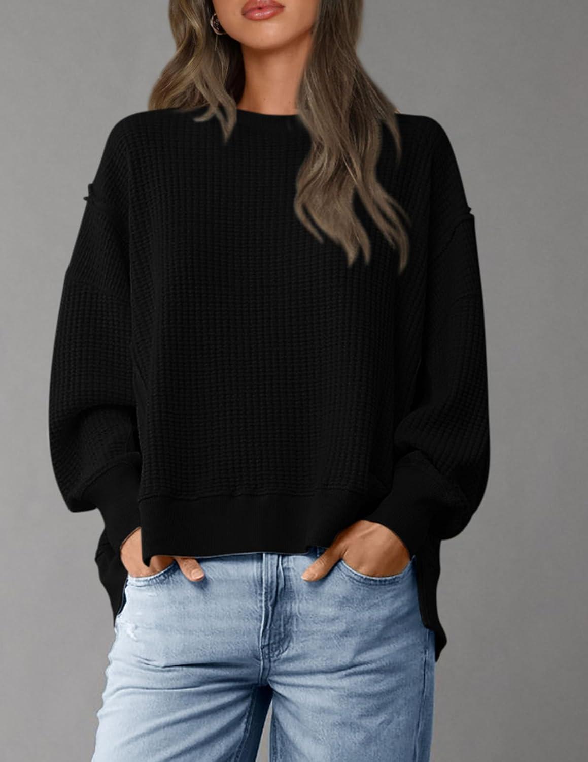 imagePRETTYGARDEN Oversized Sweatshirt for Women 2025 Fashion Crewneck Long Sleeve Pullover Waffle Knit Tops Fall Trendy ClothesBlack