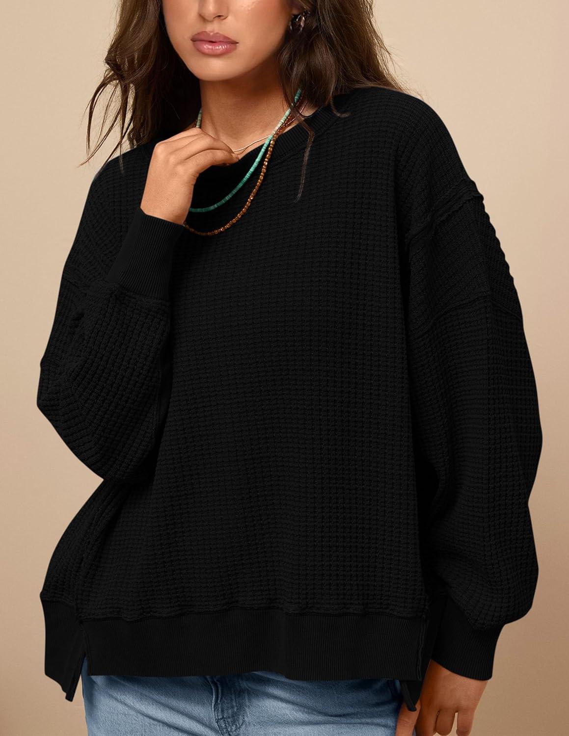 imagePRETTYGARDEN Oversized Sweatshirt for Women 2025 Fashion Crewneck Long Sleeve Pullover Waffle Knit Tops Fall Trendy ClothesBlack