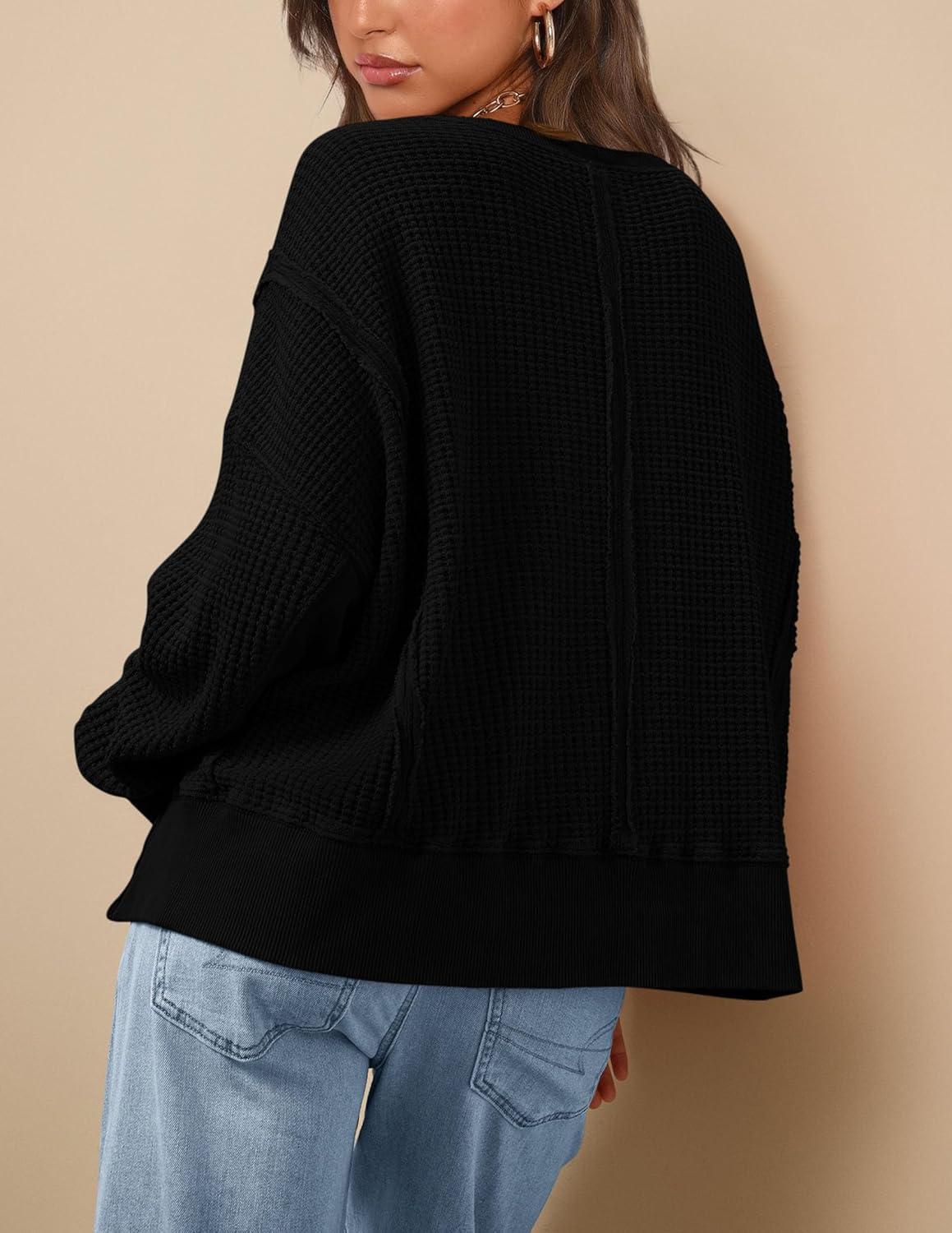 imagePRETTYGARDEN Oversized Sweatshirt for Women 2025 Fashion Crewneck Long Sleeve Pullover Waffle Knit Tops Fall Trendy ClothesBlack