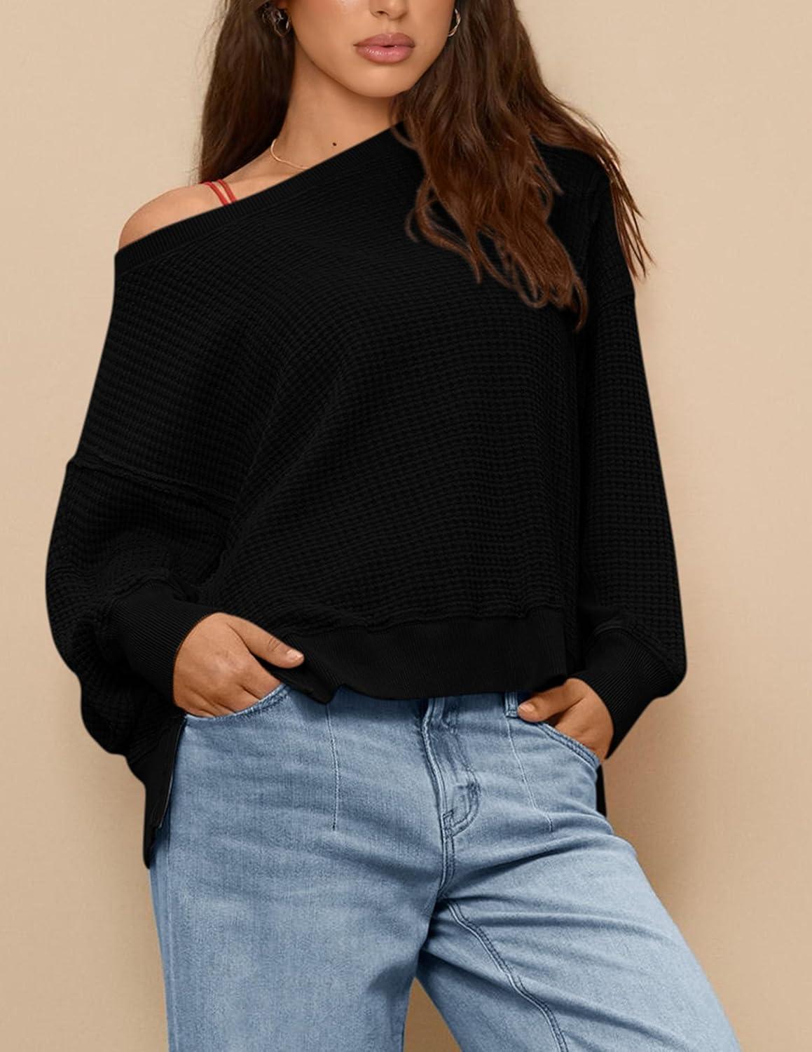 imagePRETTYGARDEN Oversized Sweatshirt for Women 2025 Fashion Crewneck Long Sleeve Pullover Waffle Knit Tops Fall Trendy ClothesBlack
