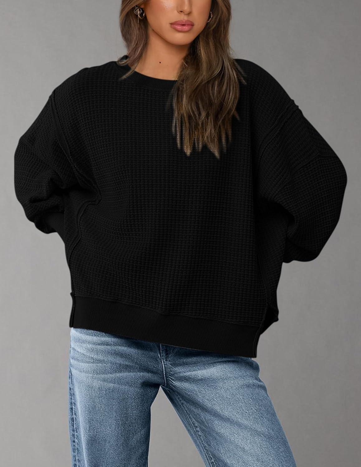 imagePRETTYGARDEN Oversized Sweatshirt for Women 2025 Fashion Crewneck Long Sleeve Pullover Waffle Knit Tops Fall Trendy ClothesBlack