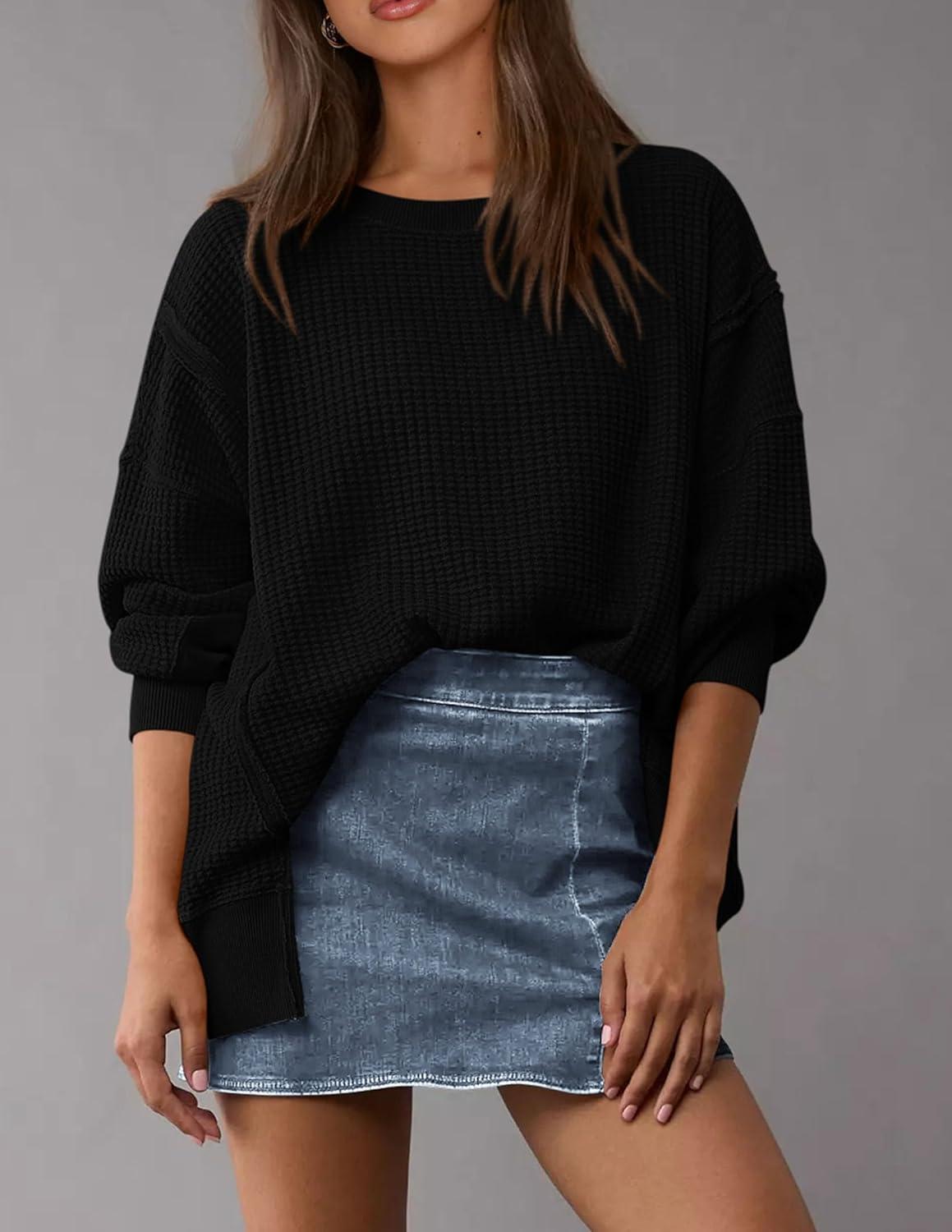 imagePRETTYGARDEN Oversized Sweatshirt for Women 2025 Fashion Crewneck Long Sleeve Pullover Waffle Knit Tops Fall Trendy ClothesBlack