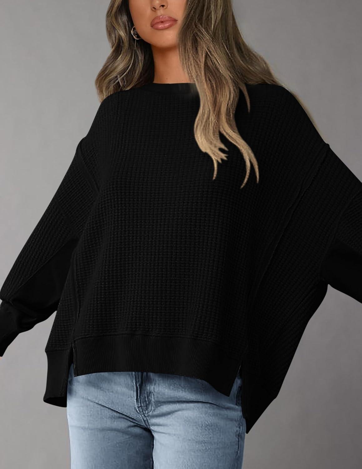 imagePRETTYGARDEN Oversized Sweatshirt for Women 2025 Fashion Crewneck Long Sleeve Pullover Waffle Knit Tops Fall Trendy ClothesBlack