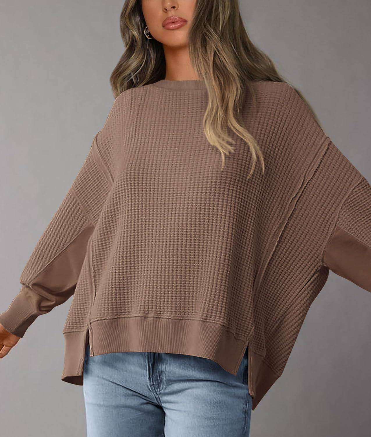 imagePRETTYGARDEN Oversized Sweatshirt for Women 2025 Fashion Crewneck Long Sleeve Pullover Waffle Knit Tops Fall Trendy ClothesBrown