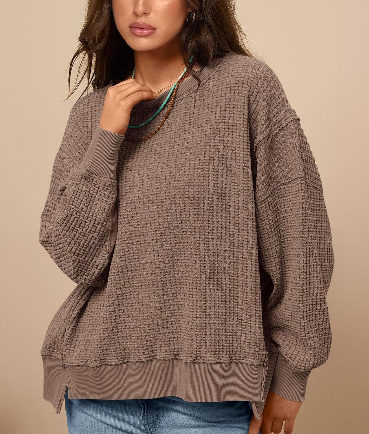 imagePRETTYGARDEN Oversized Sweatshirt for Women 2025 Fashion Crewneck Long Sleeve Pullover Waffle Knit Tops Fall Trendy ClothesBrown