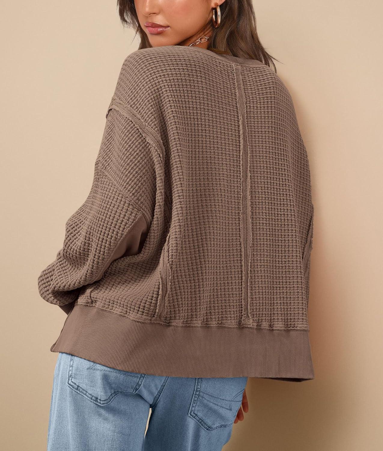 imagePRETTYGARDEN Oversized Sweatshirt for Women 2025 Fashion Crewneck Long Sleeve Pullover Waffle Knit Tops Fall Trendy ClothesBrown