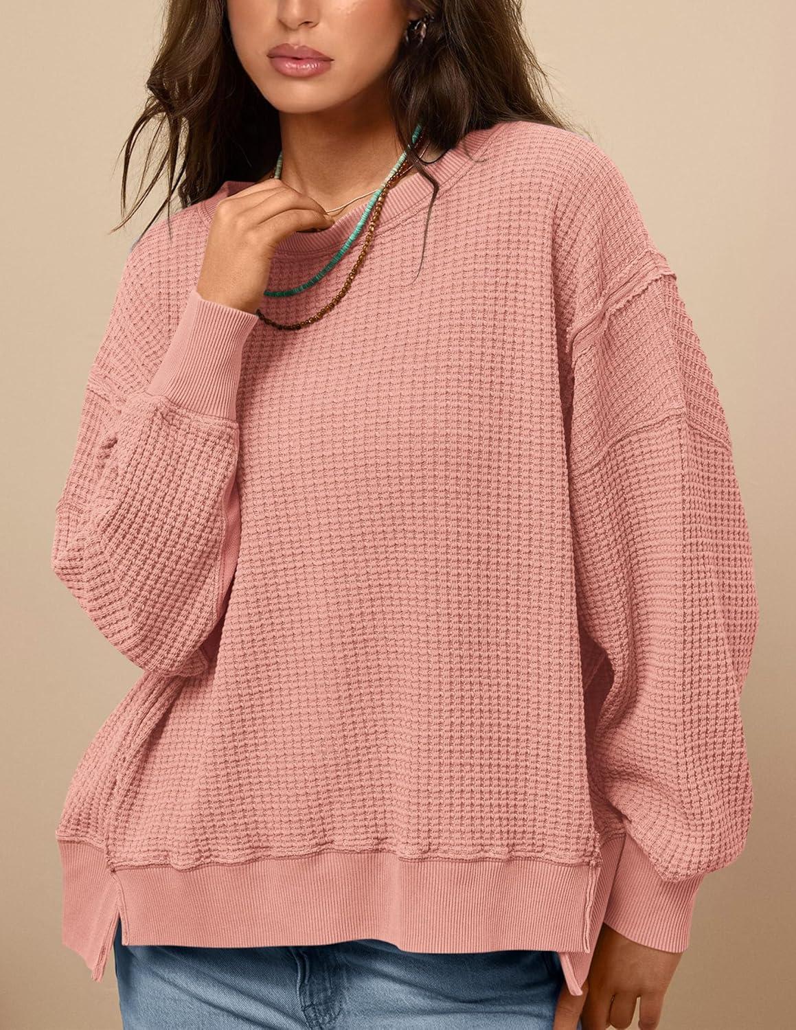 imagePRETTYGARDEN Oversized Sweatshirt for Women 2025 Fashion Crewneck Long Sleeve Pullover Waffle Knit Tops Fall Trendy ClothesCoral Pink