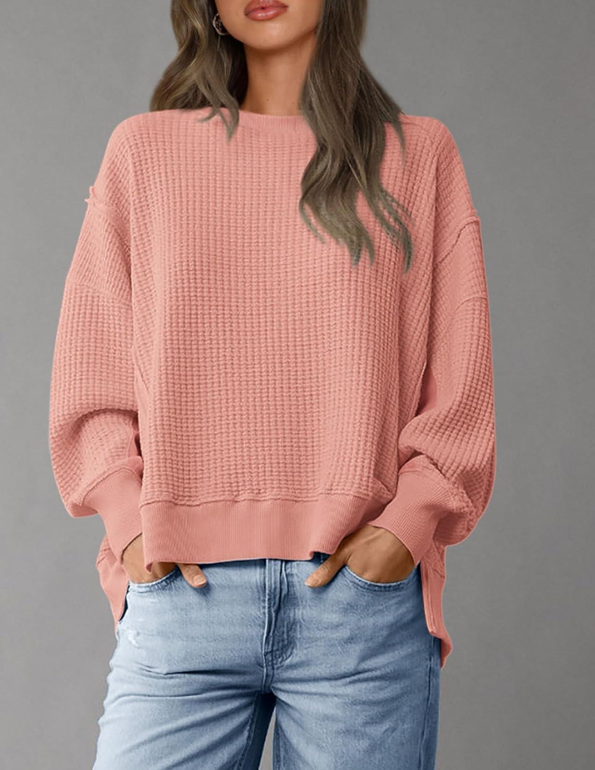 imagePRETTYGARDEN Oversized Sweatshirt for Women 2025 Fashion Crewneck Long Sleeve Pullover Waffle Knit Tops Fall Trendy ClothesCoral Pink