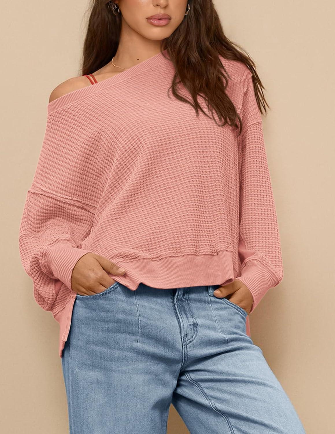 imagePRETTYGARDEN Oversized Sweatshirt for Women 2025 Fashion Crewneck Long Sleeve Pullover Waffle Knit Tops Fall Trendy ClothesCoral Pink