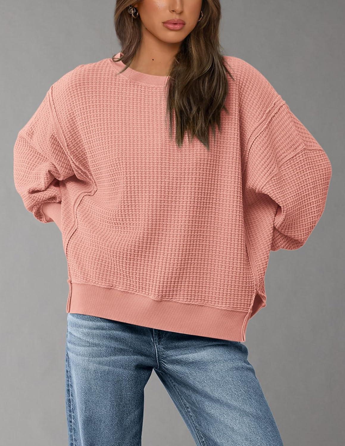 imagePRETTYGARDEN Oversized Sweatshirt for Women 2025 Fashion Crewneck Long Sleeve Pullover Waffle Knit Tops Fall Trendy ClothesCoral Pink