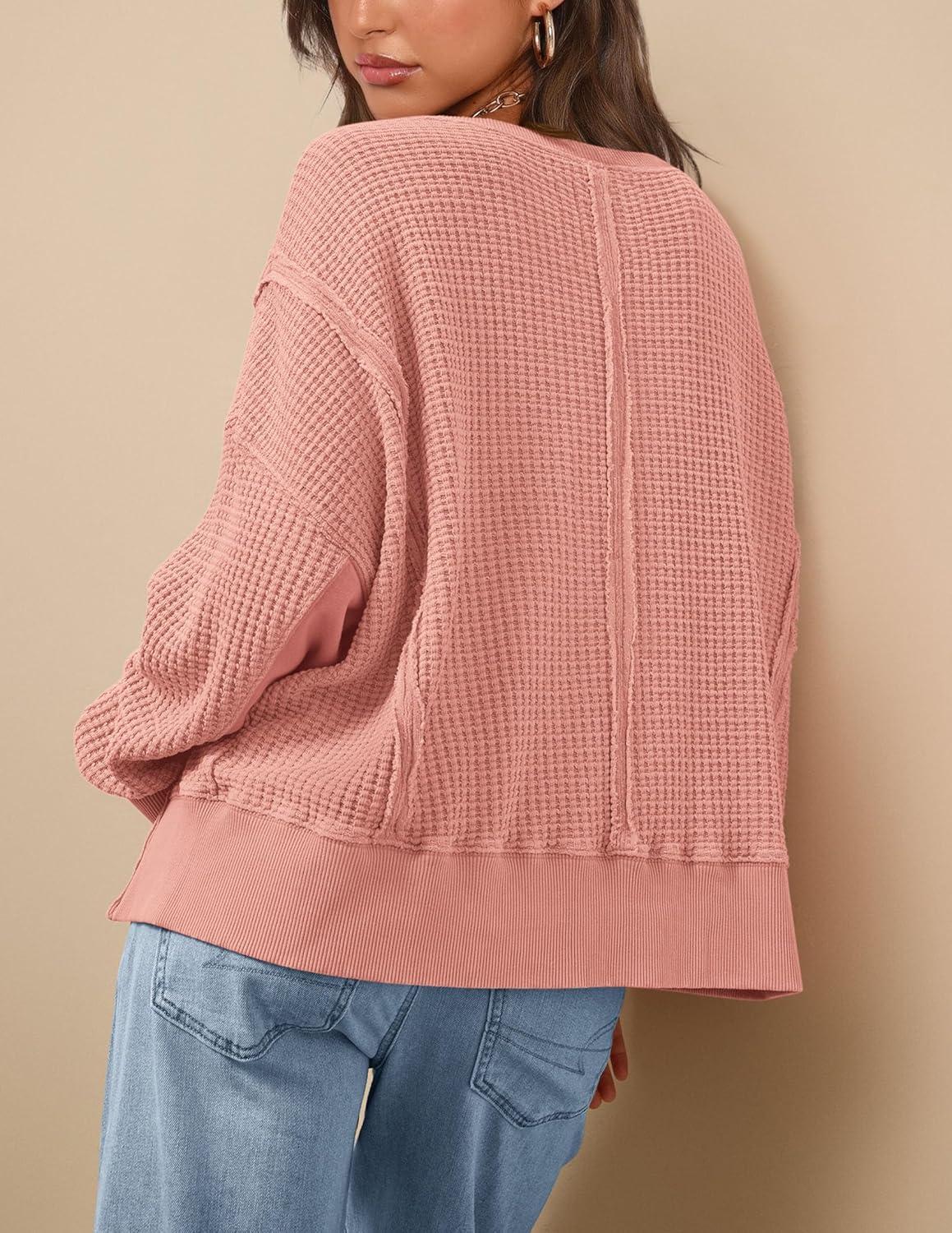 imagePRETTYGARDEN Oversized Sweatshirt for Women 2025 Fashion Crewneck Long Sleeve Pullover Waffle Knit Tops Fall Trendy ClothesCoral Pink