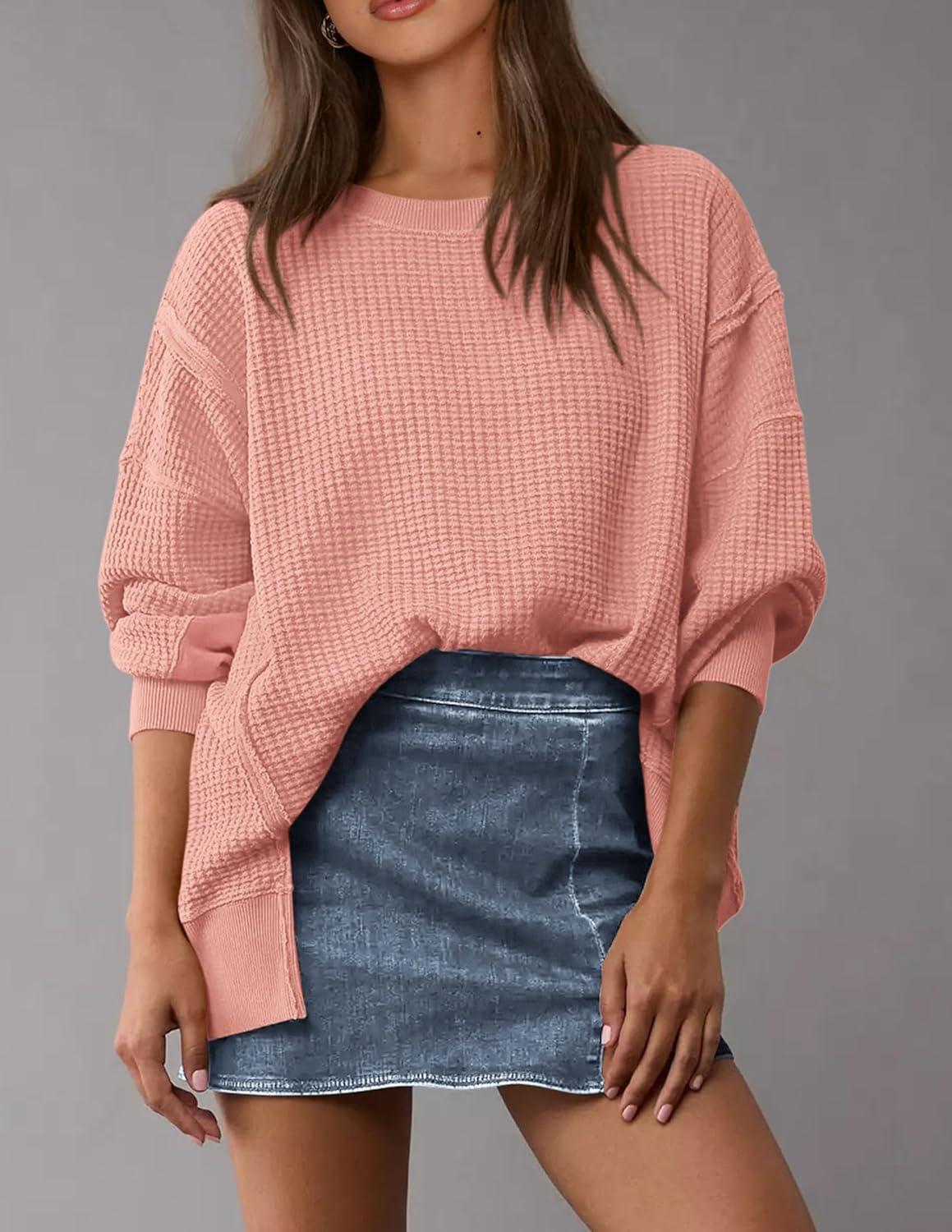 imagePRETTYGARDEN Oversized Sweatshirt for Women 2025 Fashion Crewneck Long Sleeve Pullover Waffle Knit Tops Fall Trendy ClothesCoral Pink