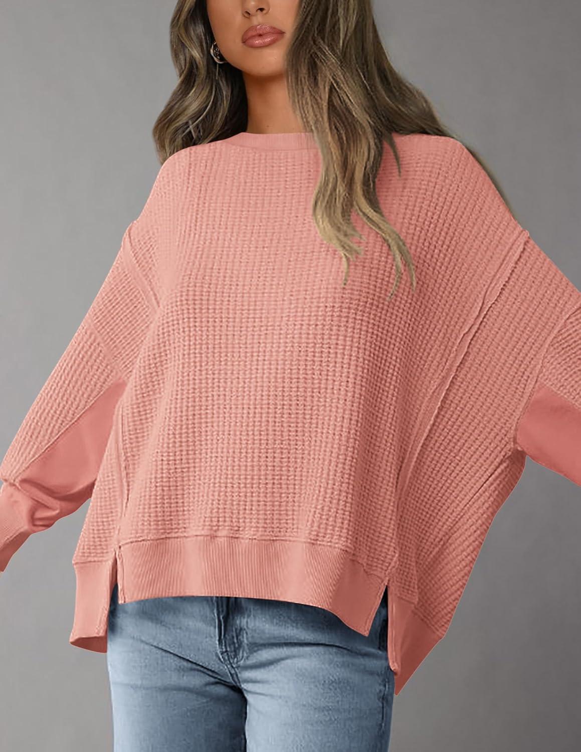 imagePRETTYGARDEN Oversized Sweatshirt for Women 2025 Fashion Crewneck Long Sleeve Pullover Waffle Knit Tops Fall Trendy ClothesCoral Pink
