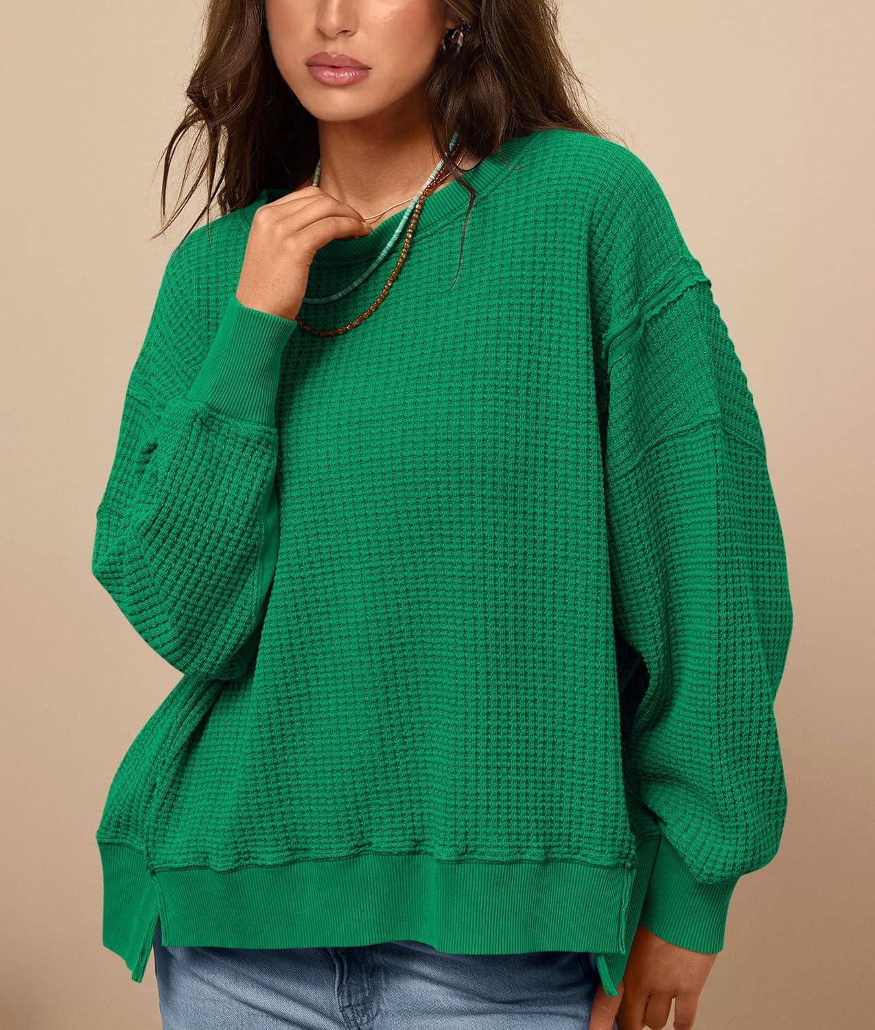 imagePRETTYGARDEN Oversized Sweatshirt for Women 2025 Fashion Crewneck Long Sleeve Pullover Waffle Knit Tops Fall Trendy ClothesGreen