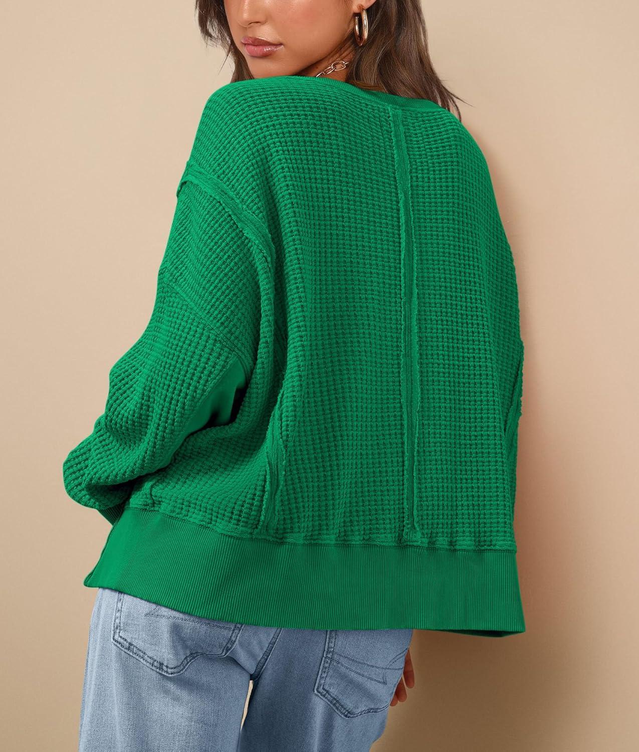 imagePRETTYGARDEN Oversized Sweatshirt for Women 2025 Fashion Crewneck Long Sleeve Pullover Waffle Knit Tops Fall Trendy ClothesGreen