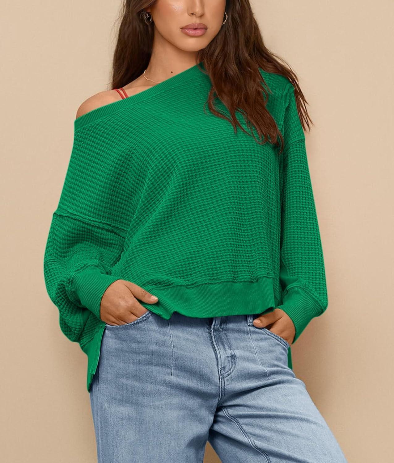 imagePRETTYGARDEN Oversized Sweatshirt for Women 2025 Fashion Crewneck Long Sleeve Pullover Waffle Knit Tops Fall Trendy ClothesGreen