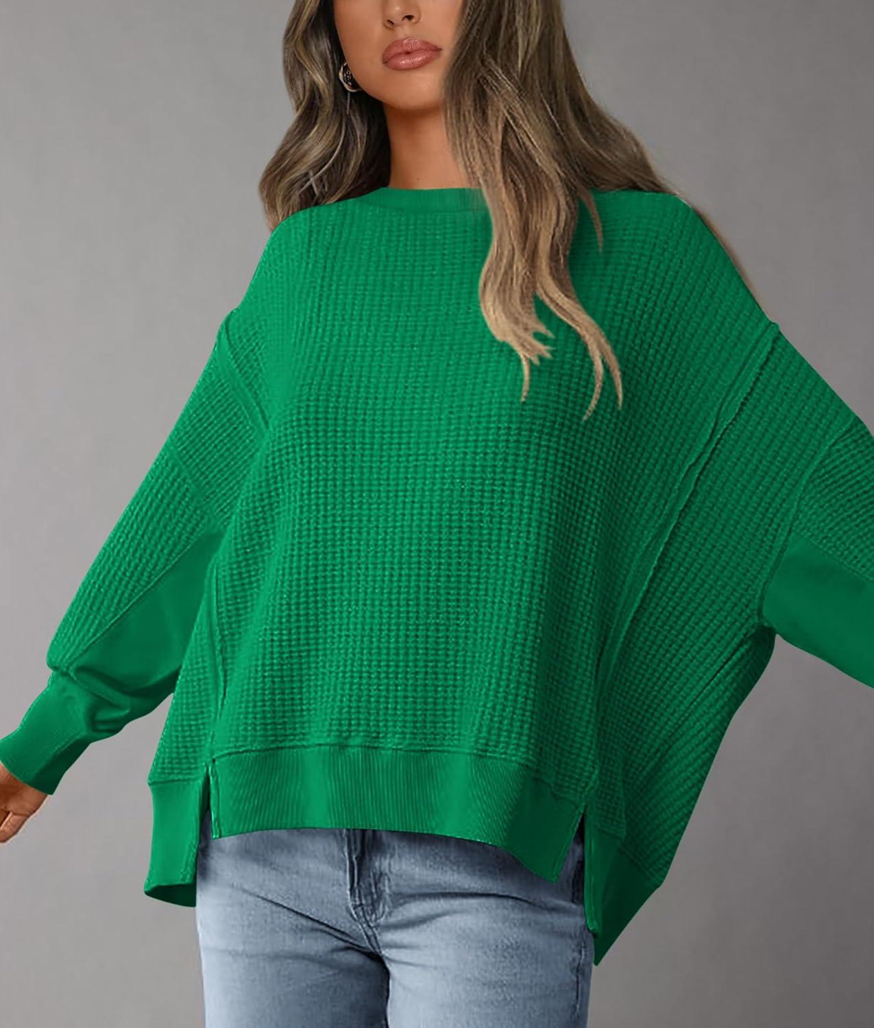 imagePRETTYGARDEN Oversized Sweatshirt for Women 2025 Fashion Crewneck Long Sleeve Pullover Waffle Knit Tops Fall Trendy ClothesGreen
