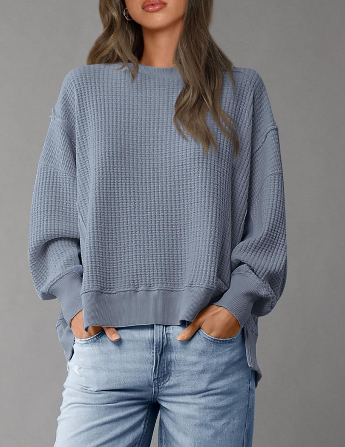 imagePRETTYGARDEN Oversized Sweatshirt for Women 2025 Fashion Crewneck Long Sleeve Pullover Waffle Knit Tops Fall Trendy ClothesGrey Blue
