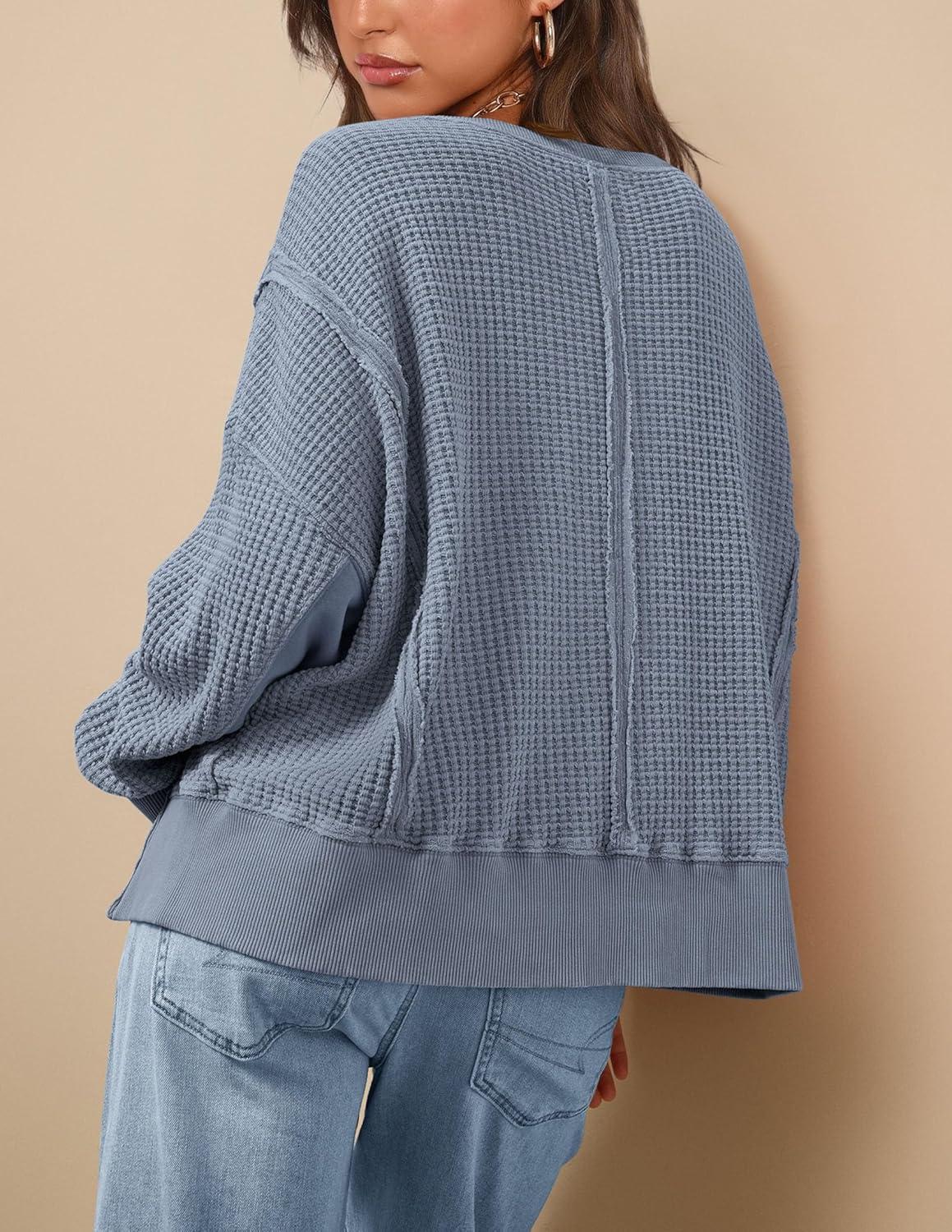 imagePRETTYGARDEN Oversized Sweatshirt for Women 2025 Fashion Crewneck Long Sleeve Pullover Waffle Knit Tops Fall Trendy ClothesGrey Blue