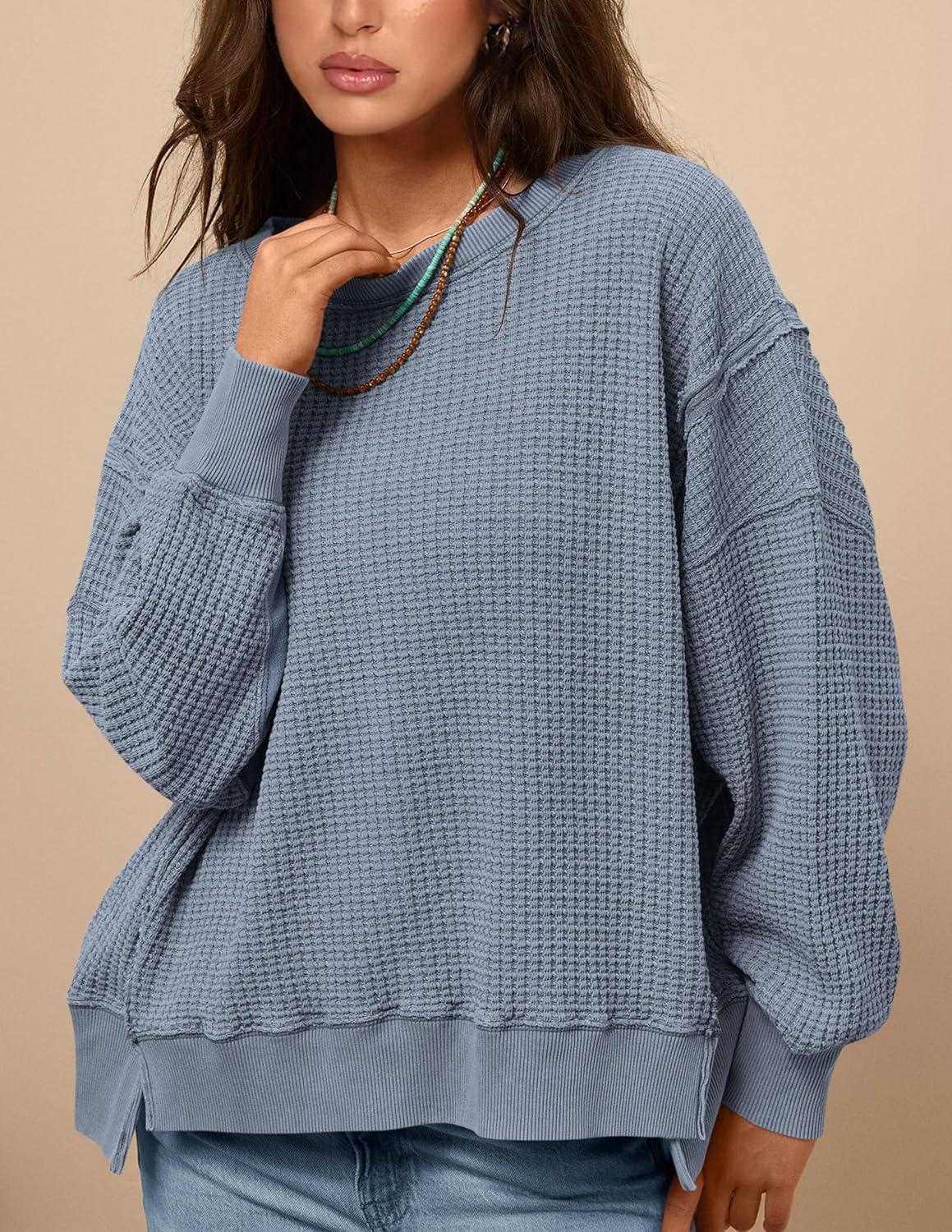 imagePRETTYGARDEN Oversized Sweatshirt for Women 2025 Fashion Crewneck Long Sleeve Pullover Waffle Knit Tops Fall Trendy ClothesGrey Blue