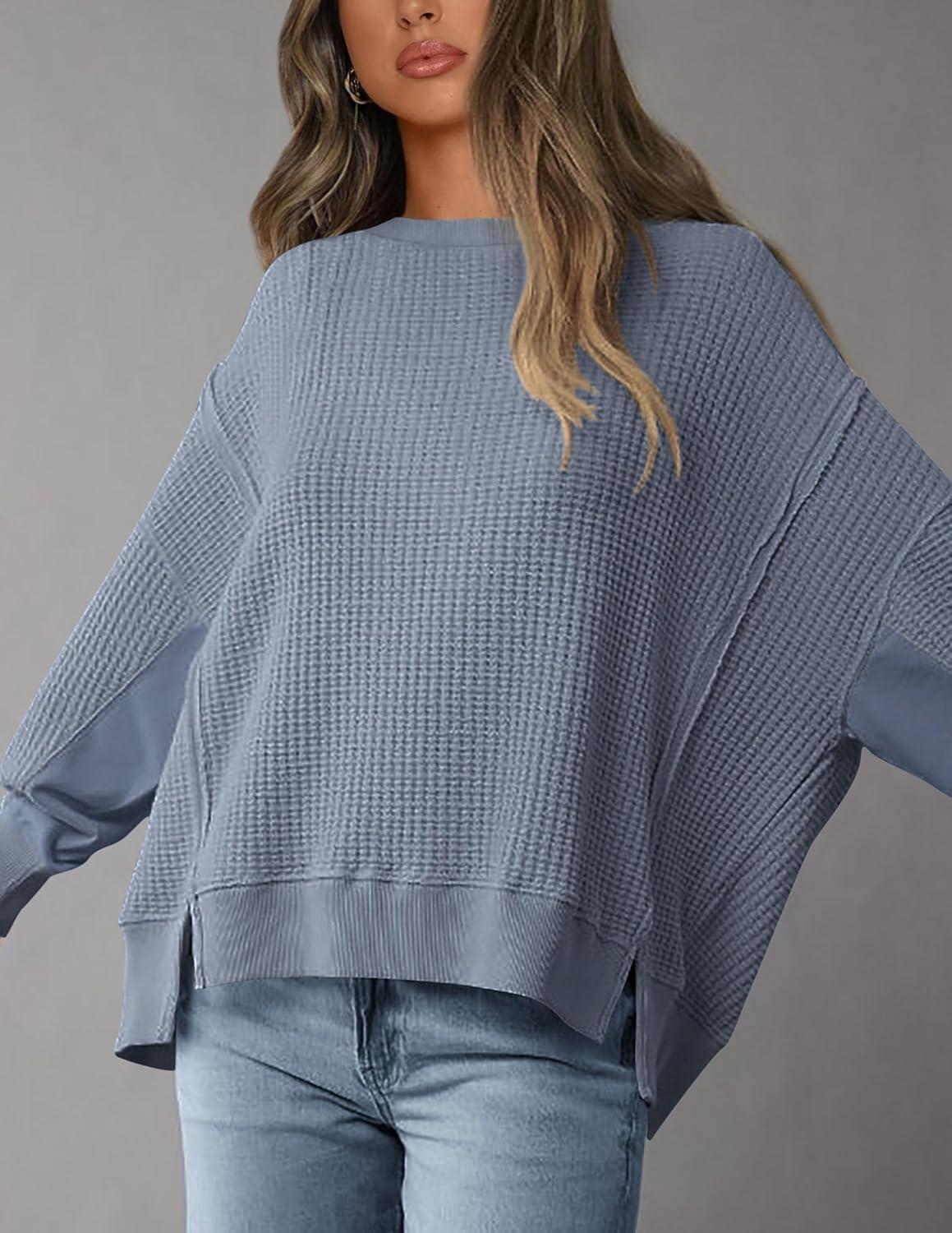 imagePRETTYGARDEN Oversized Sweatshirt for Women 2025 Fashion Crewneck Long Sleeve Pullover Waffle Knit Tops Fall Trendy ClothesGrey Blue