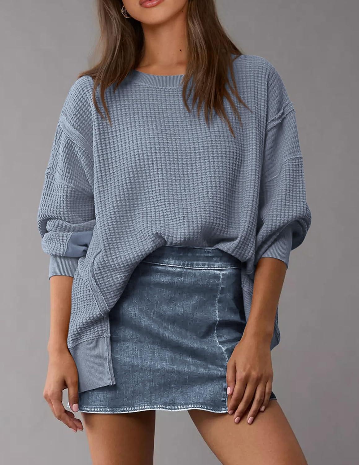 imagePRETTYGARDEN Oversized Sweatshirt for Women 2025 Fashion Crewneck Long Sleeve Pullover Waffle Knit Tops Fall Trendy ClothesGrey Blue