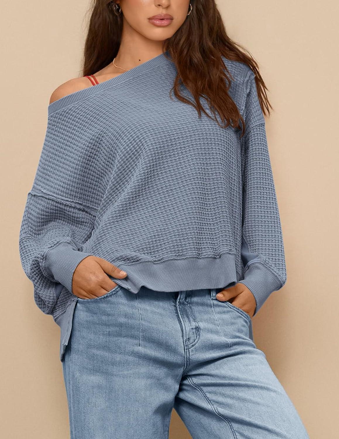 imagePRETTYGARDEN Oversized Sweatshirt for Women 2025 Fashion Crewneck Long Sleeve Pullover Waffle Knit Tops Fall Trendy ClothesGrey Blue
