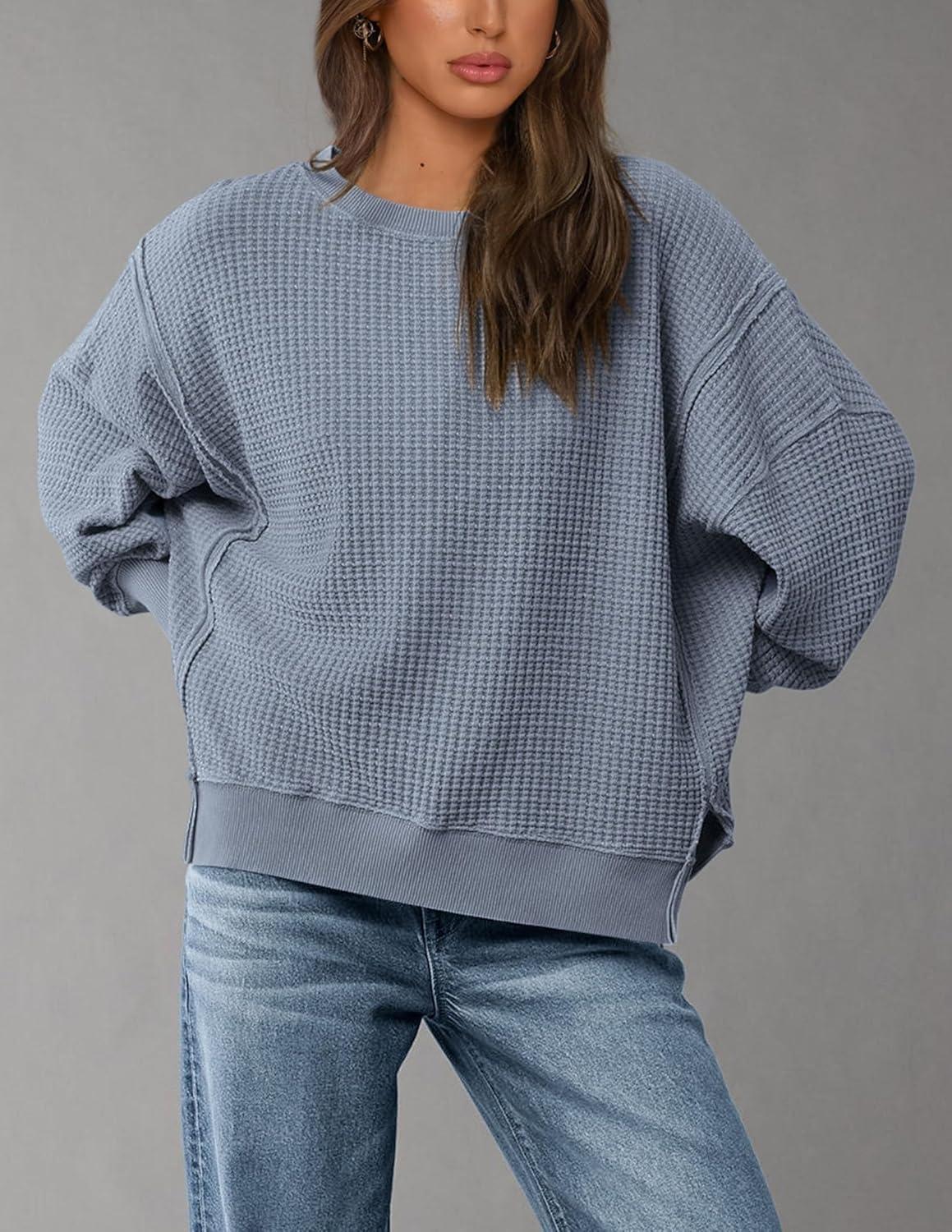 imagePRETTYGARDEN Oversized Sweatshirt for Women 2025 Fashion Crewneck Long Sleeve Pullover Waffle Knit Tops Fall Trendy ClothesGrey Blue