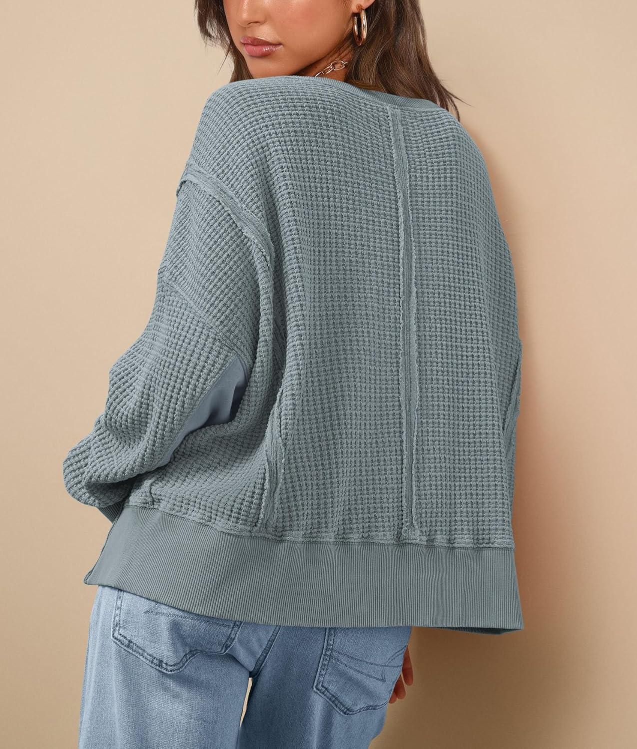 imagePRETTYGARDEN Oversized Sweatshirt for Women 2025 Fashion Crewneck Long Sleeve Pullover Waffle Knit Tops Fall Trendy ClothesLight Grey Blue