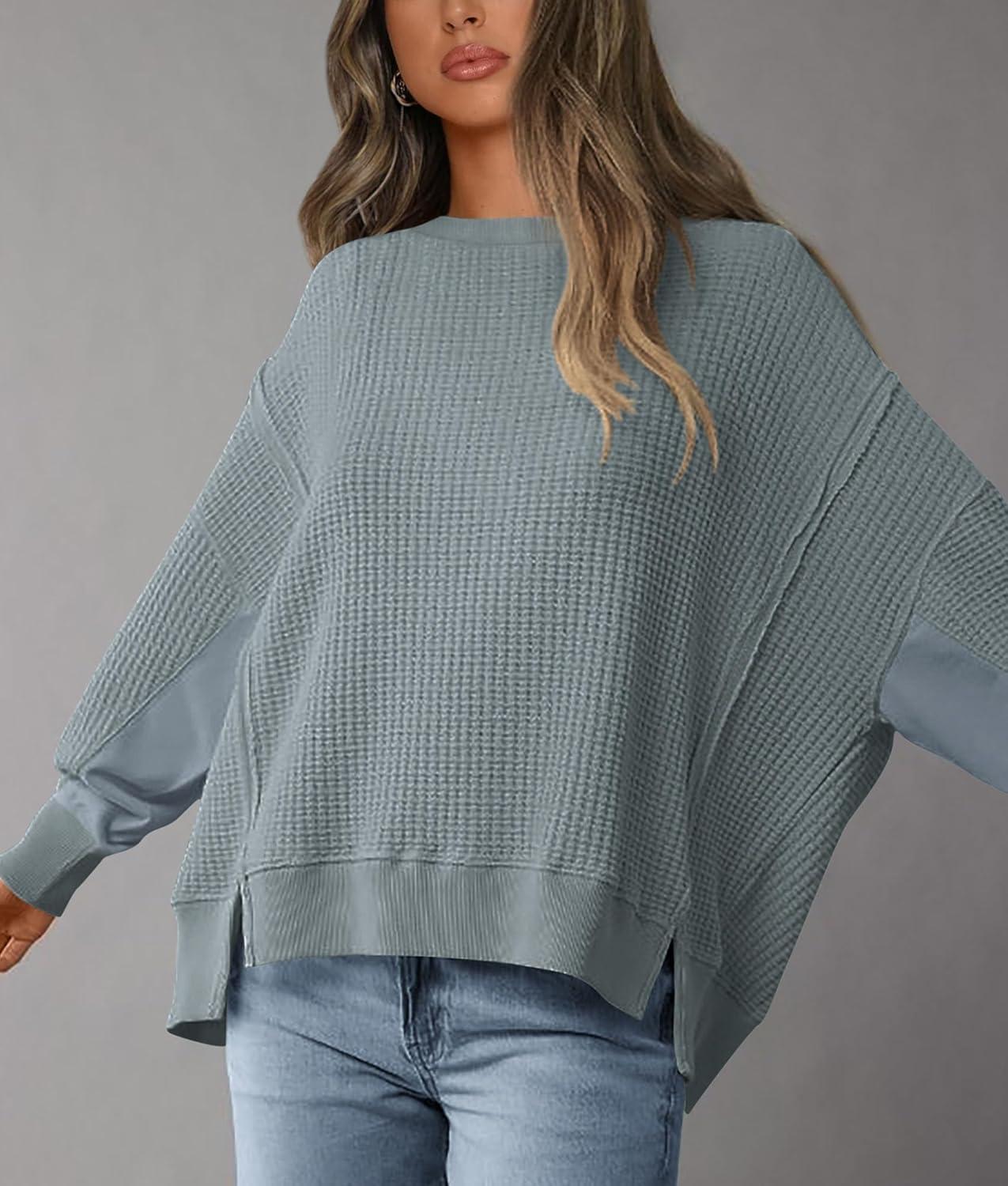 imagePRETTYGARDEN Oversized Sweatshirt for Women 2025 Fashion Crewneck Long Sleeve Pullover Waffle Knit Tops Fall Trendy ClothesLight Grey Blue