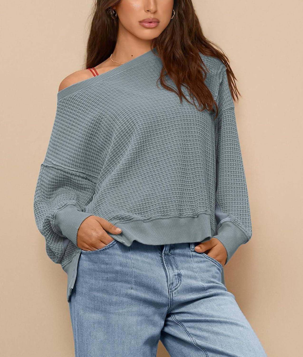 imagePRETTYGARDEN Oversized Sweatshirt for Women 2025 Fashion Crewneck Long Sleeve Pullover Waffle Knit Tops Fall Trendy ClothesLight Grey Blue