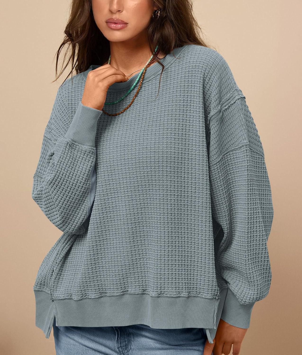 imagePRETTYGARDEN Oversized Sweatshirt for Women 2025 Fashion Crewneck Long Sleeve Pullover Waffle Knit Tops Fall Trendy ClothesLight Grey Blue