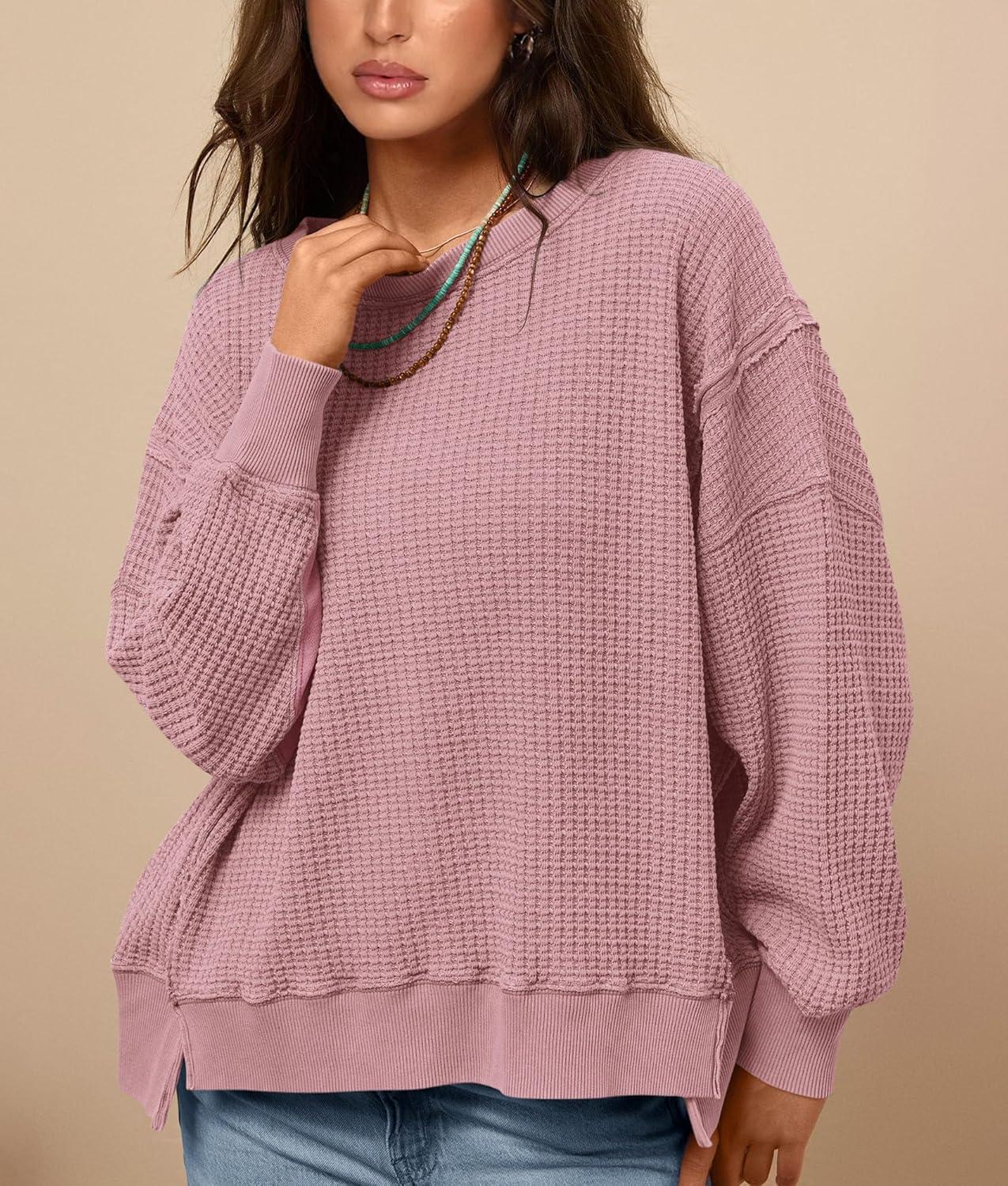 imagePRETTYGARDEN Oversized Sweatshirt for Women 2025 Fashion Crewneck Long Sleeve Pullover Waffle Knit Tops Fall Trendy ClothesPink