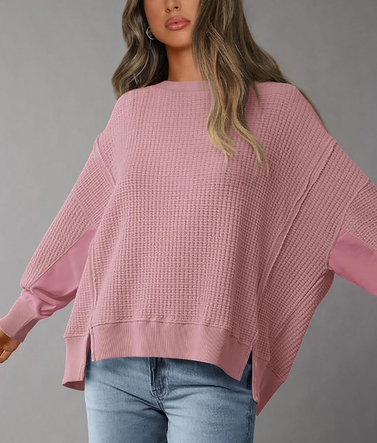 imagePRETTYGARDEN Oversized Sweatshirt for Women 2025 Fashion Crewneck Long Sleeve Pullover Waffle Knit Tops Fall Trendy ClothesPink
