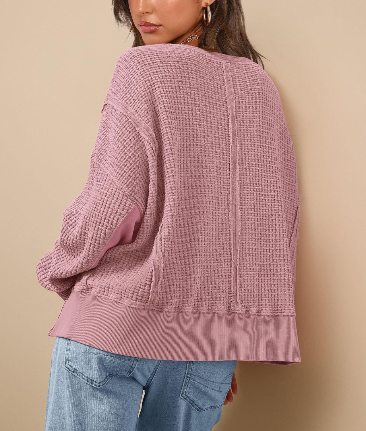 imagePRETTYGARDEN Oversized Sweatshirt for Women 2025 Fashion Crewneck Long Sleeve Pullover Waffle Knit Tops Fall Trendy ClothesPink