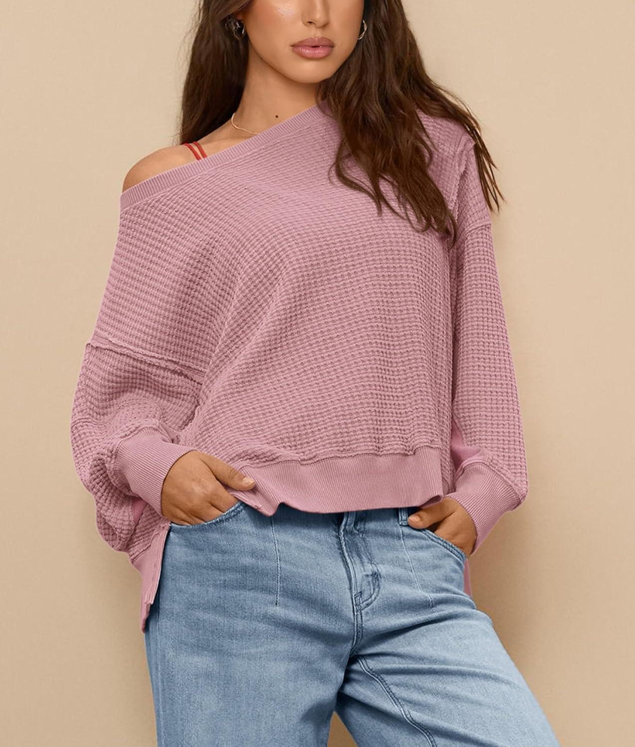 imagePRETTYGARDEN Oversized Sweatshirt for Women 2025 Fashion Crewneck Long Sleeve Pullover Waffle Knit Tops Fall Trendy ClothesPink