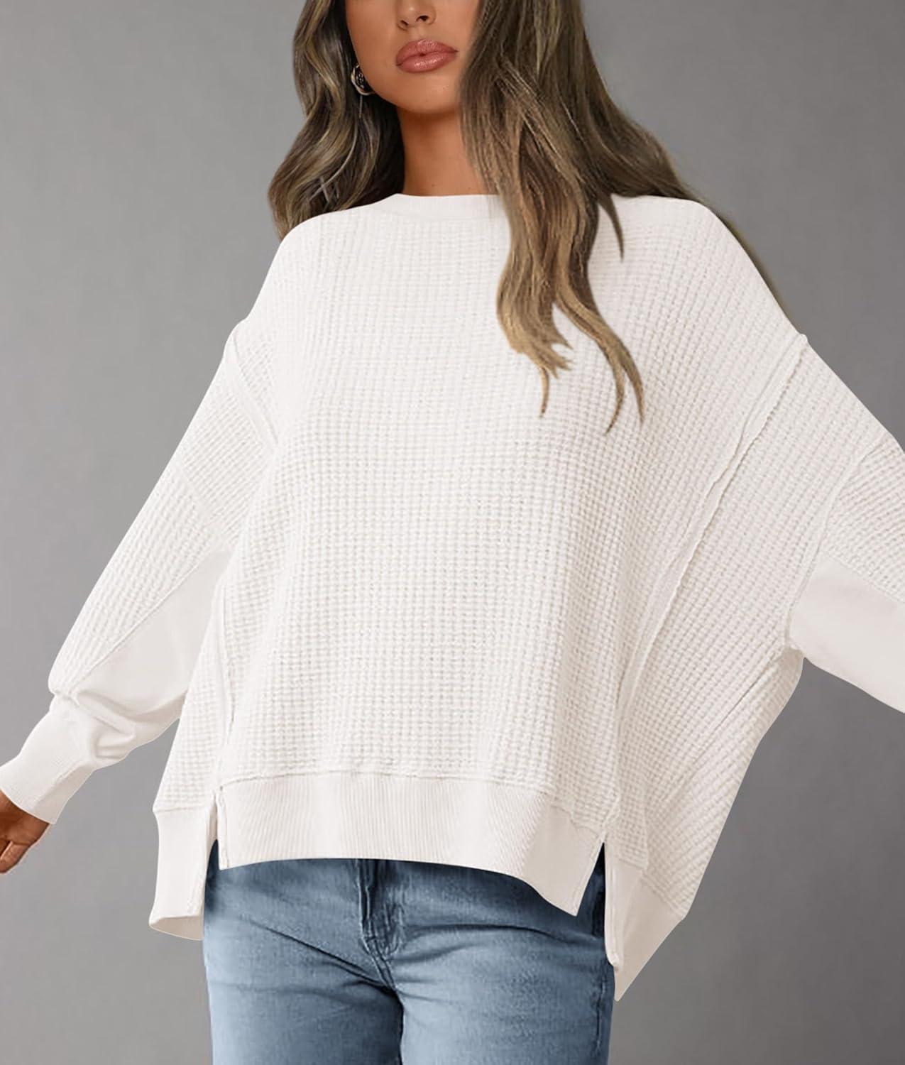 imagePRETTYGARDEN Oversized Sweatshirt for Women 2025 Fashion Crewneck Long Sleeve Pullover Waffle Knit Tops Fall Trendy ClothesWhite