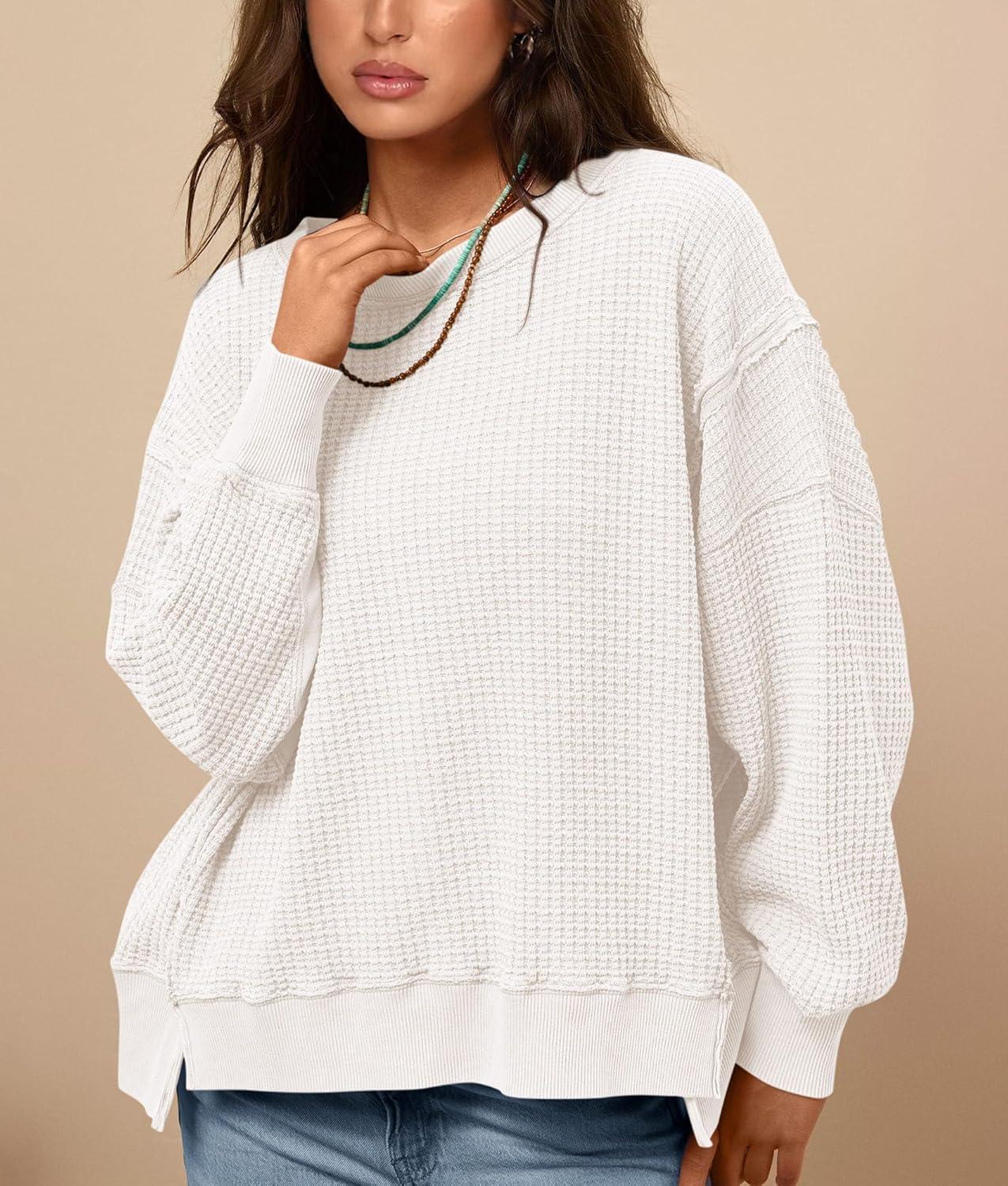 imagePRETTYGARDEN Oversized Sweatshirt for Women 2025 Fashion Crewneck Long Sleeve Pullover Waffle Knit Tops Fall Trendy ClothesWhite