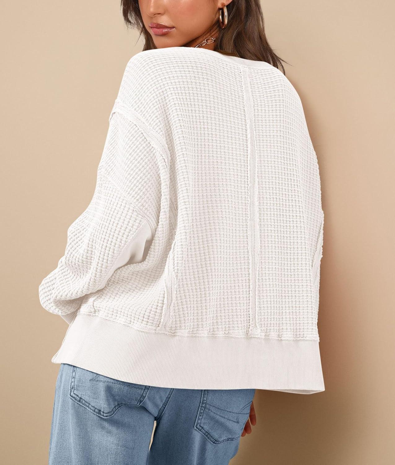 imagePRETTYGARDEN Oversized Sweatshirt for Women 2025 Fashion Crewneck Long Sleeve Pullover Waffle Knit Tops Fall Trendy ClothesWhite