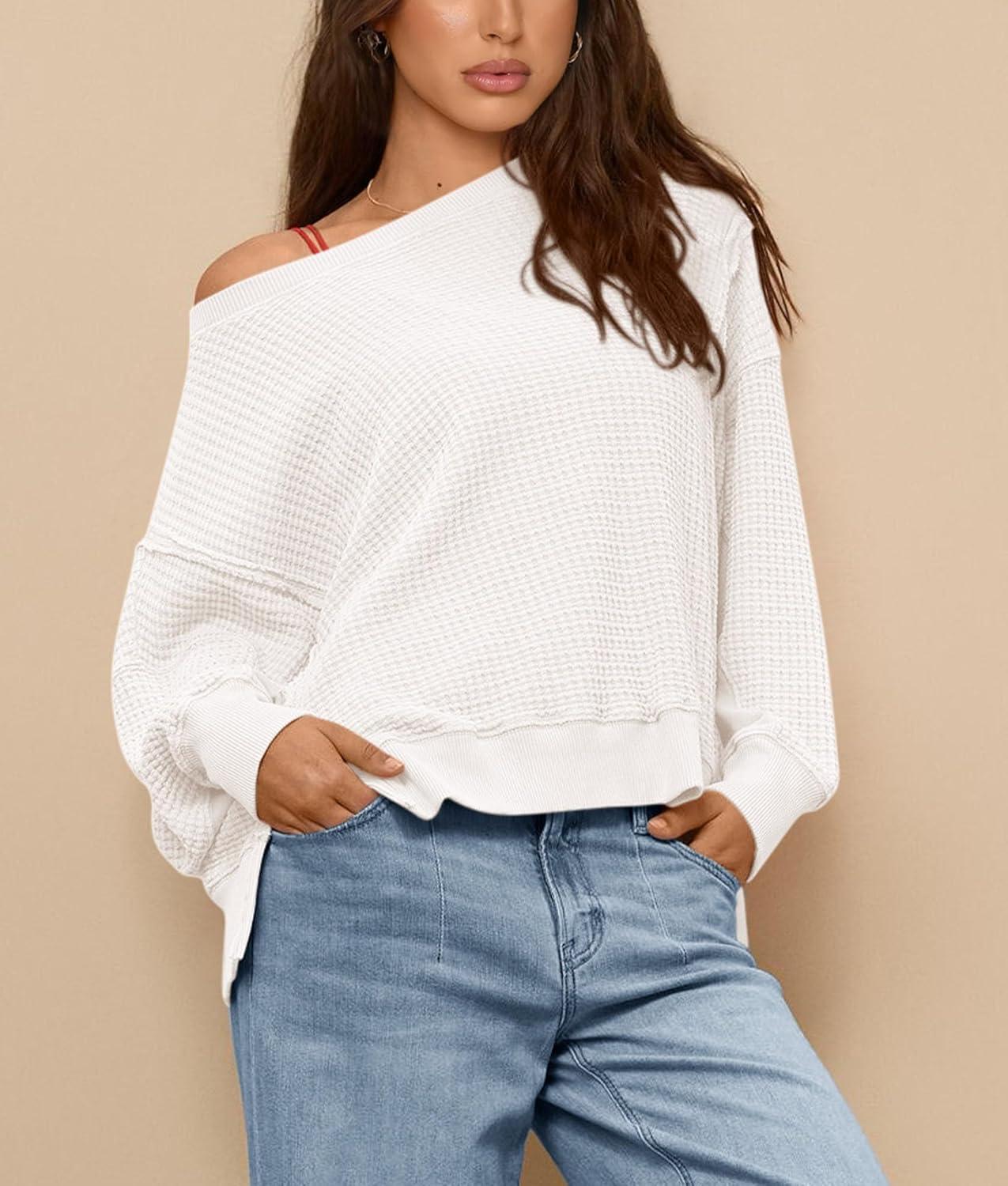 imagePRETTYGARDEN Oversized Sweatshirt for Women 2025 Fashion Crewneck Long Sleeve Pullover Waffle Knit Tops Fall Trendy ClothesWhite